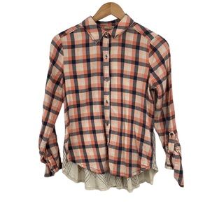 Anthropologie Holding Horses Top Womens 2 Cream 100% Cotton Plaid‎ Button Front